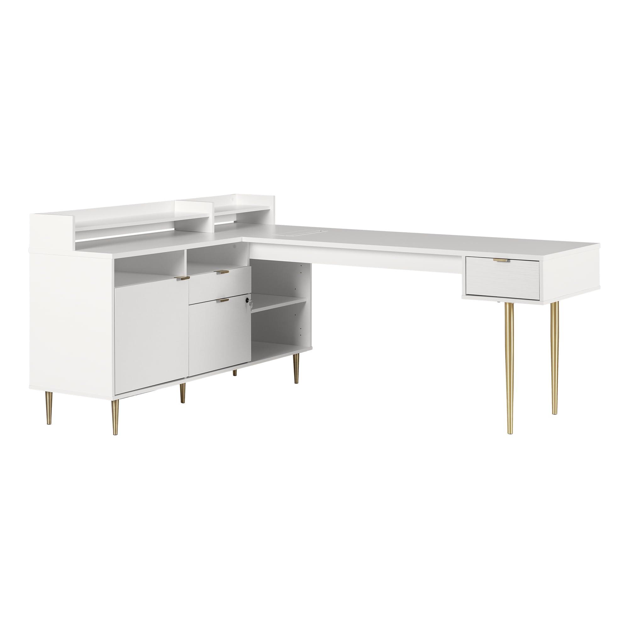 South Shore Koryn L-Shaped Power Bar And Removable Hutch, Long Desk, Pure White